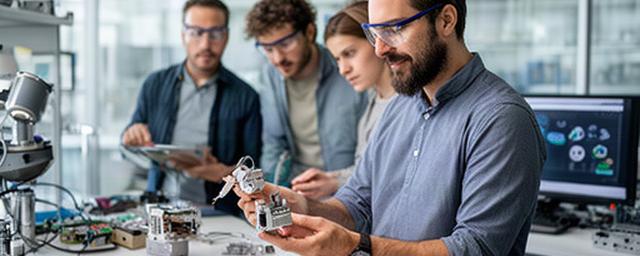 Fundador de una startup industrial revisando prototipos junto a su equipo en un laboratorio